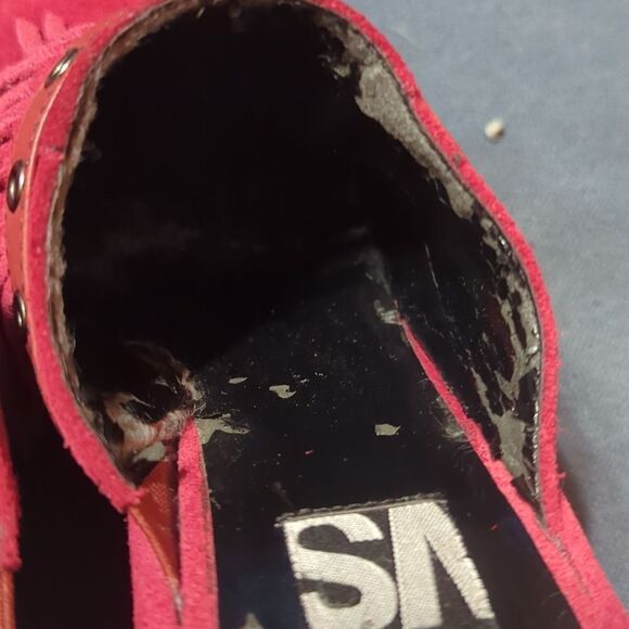 VICTORIA SECRET SENELA 9 red LEATHER Sexy 70s Vibe MULE FRINGE WEDGE SHOE - Picture 11 of 11